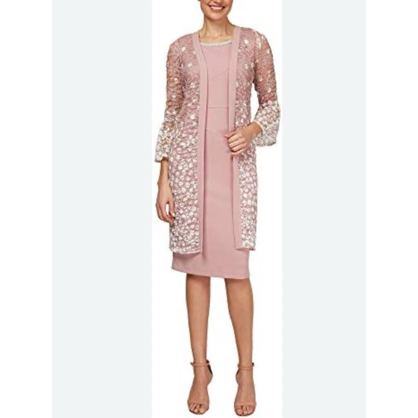 MAYA BROOKE 2 Piece Sz 14 Dusty Lace Dress & 3/4 Sleeve Lace Jacket Set NWT