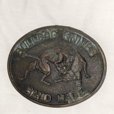Vintage Bulldog Knives Hand Made Belt Buckle Bronze two fighting dogs