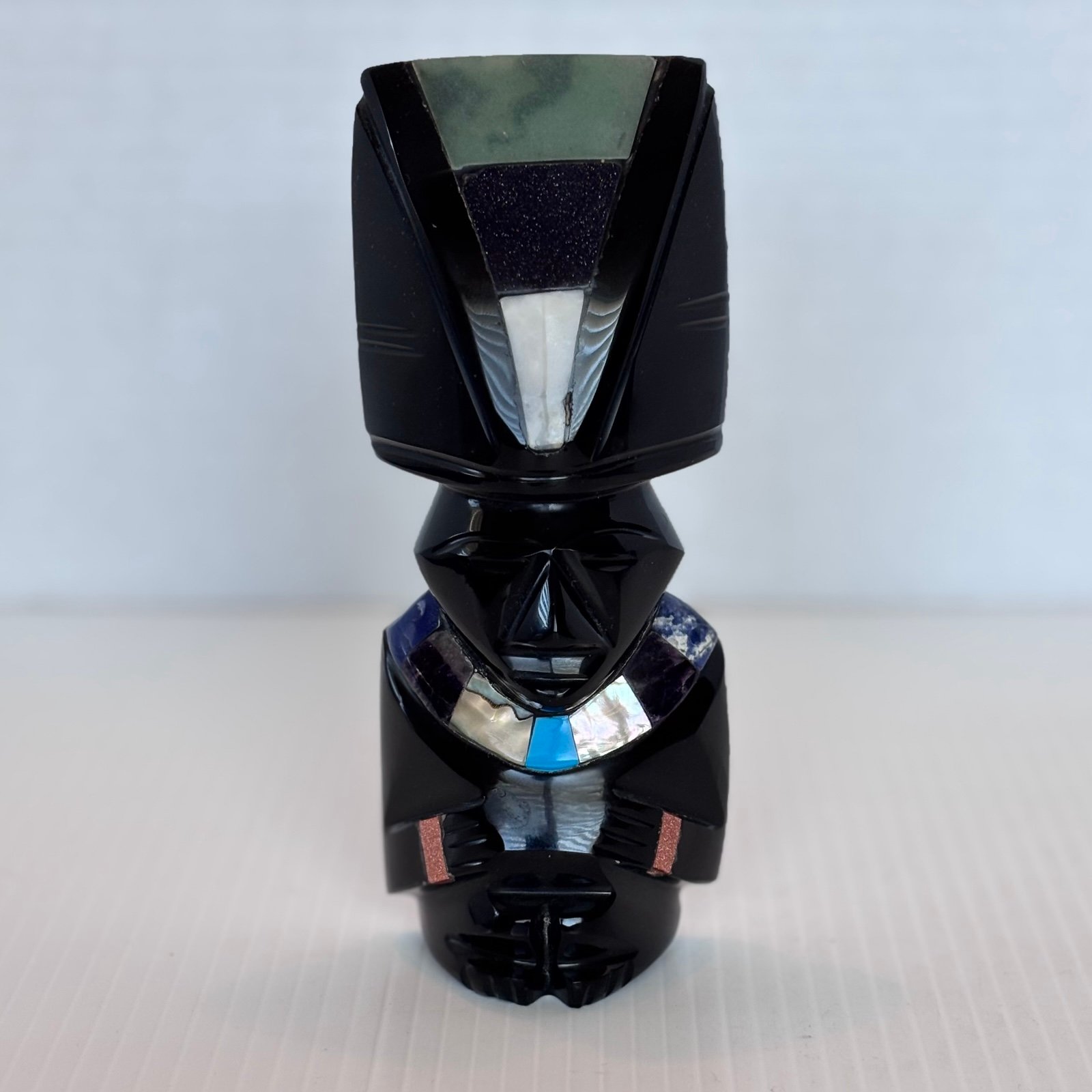 Aztec Gods Black Onyx Obsidian Statue Bookend W/ Abalone & Stone Inlay 5.5”