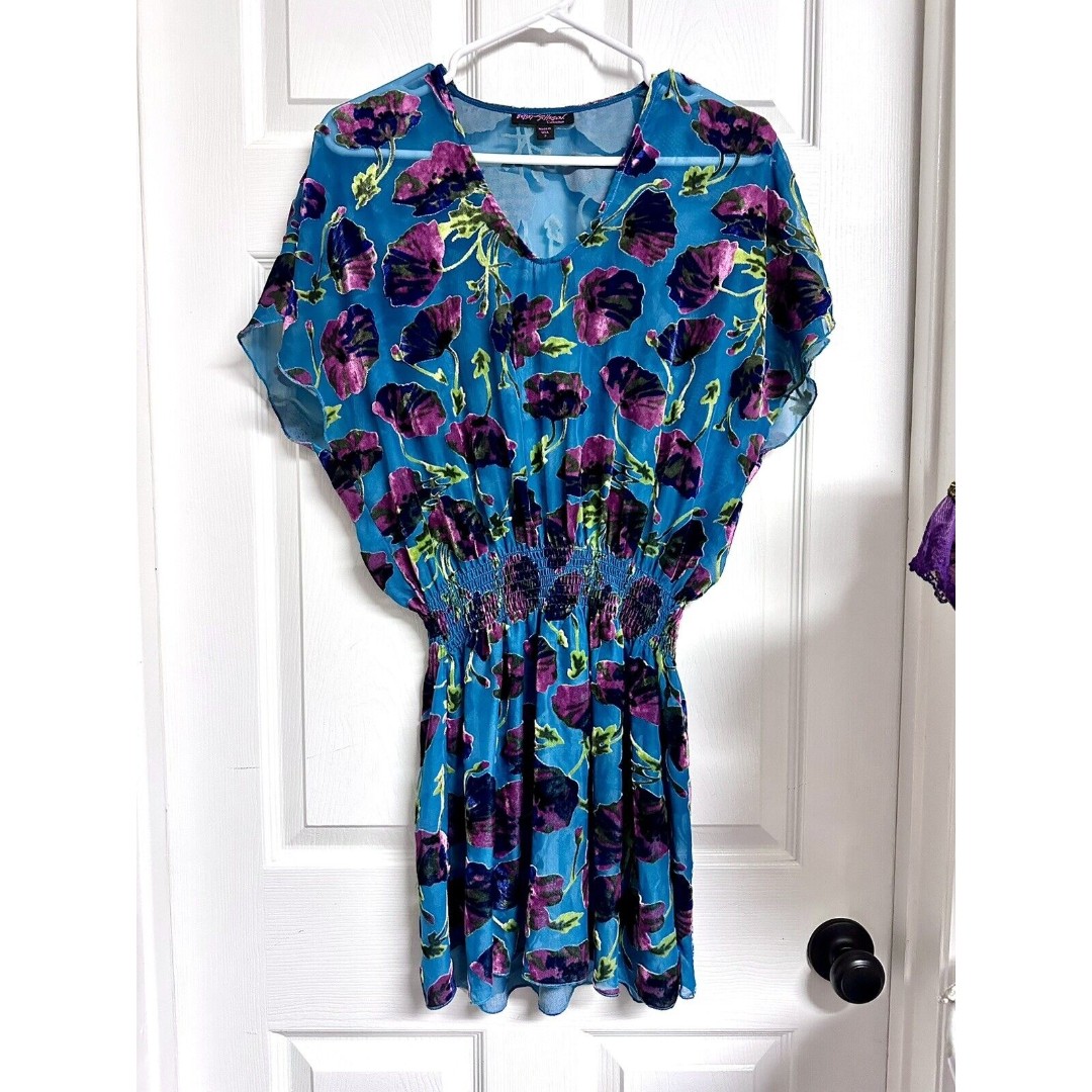 Vntg Betsey Johnson Teal Burnout Velvet Floral Sheer Cinch Waist Top Mini Dress
