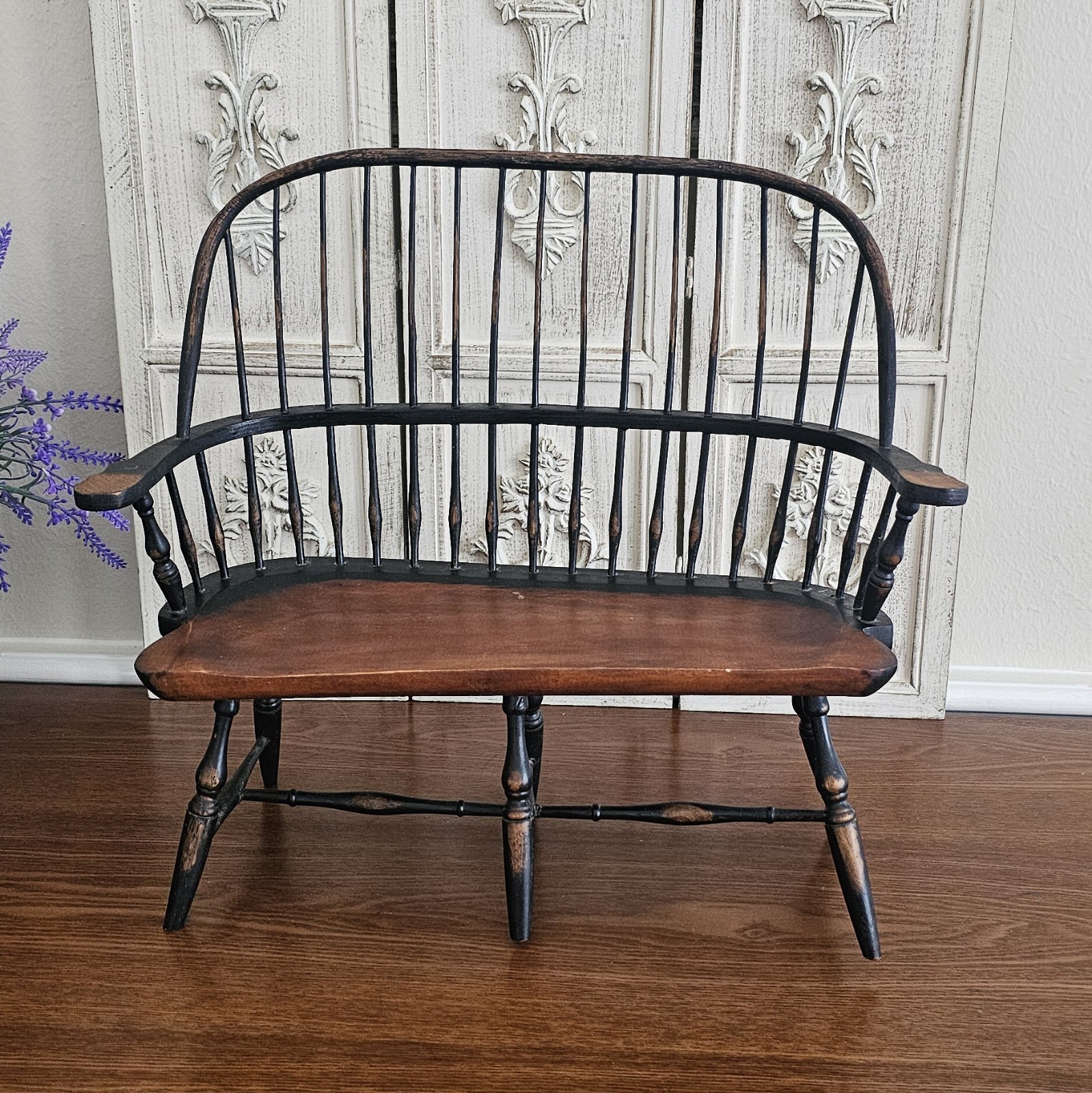 Vintage Miniature Windsor Barrel Back Settee Bench Spindle Turned Legs Colonial