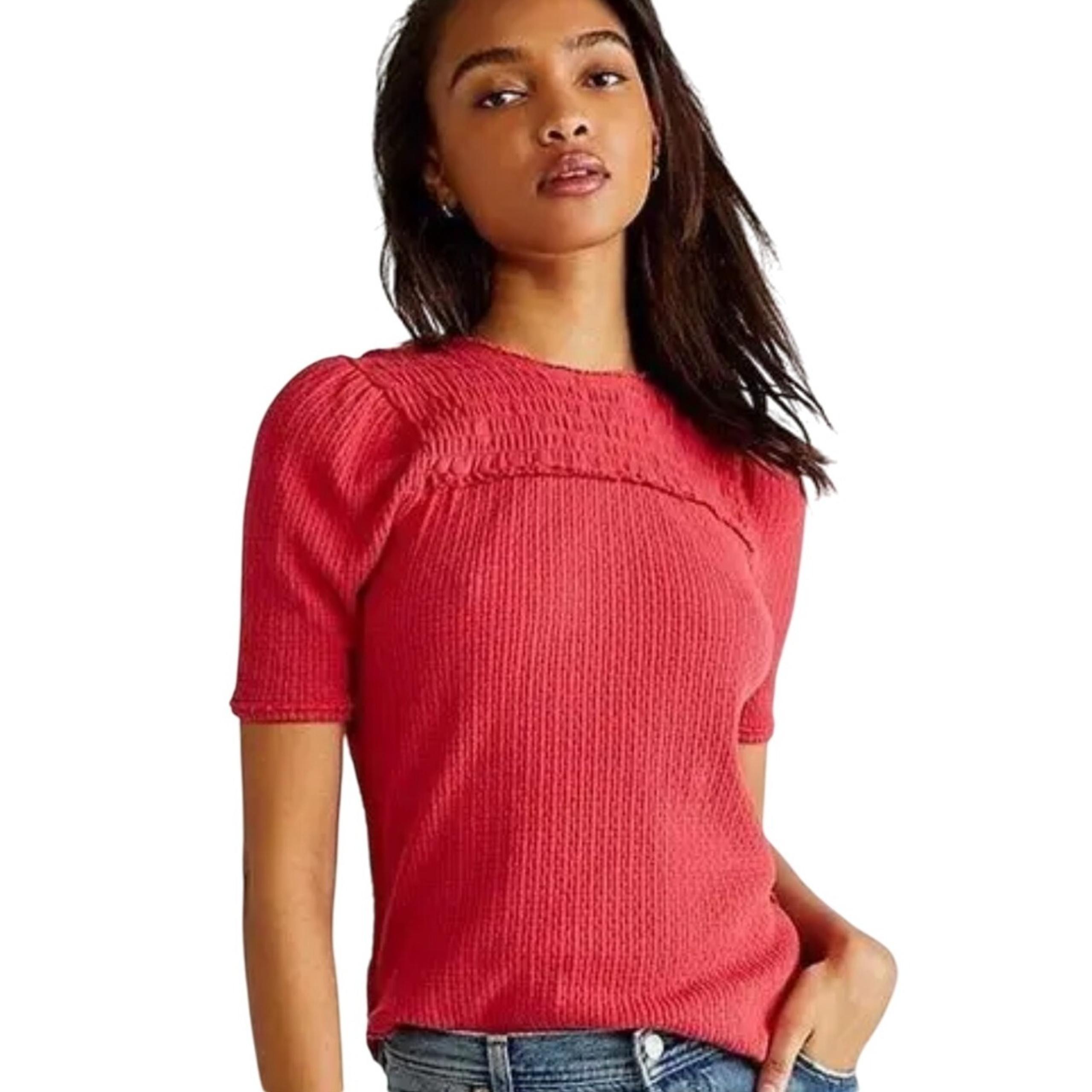 Free People Smocked Knit Top Ribbed Short Sleeve Tee Red XS