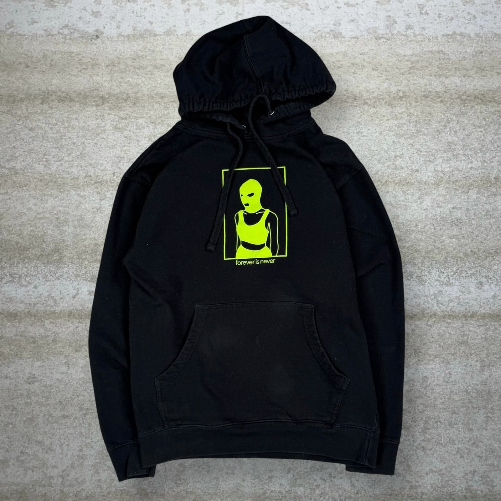 Forever is Never Skate Hoodie Black Cotton Pullover Green Logo
