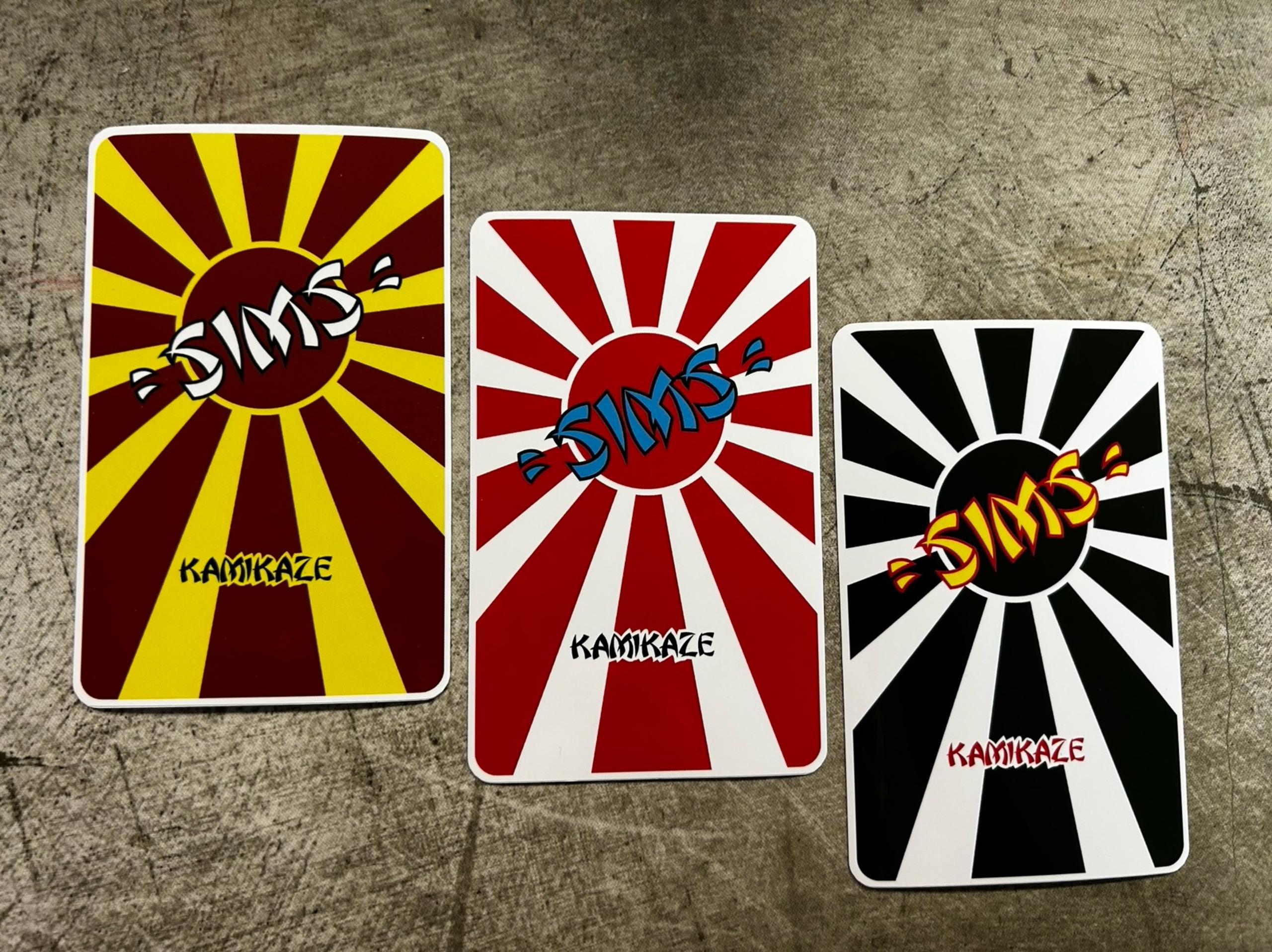 SIMS KAMIKAZE SKATEBOARD STICKER SET 3 VINTAGE SKATEBOARDING DECALS BONES HAWK