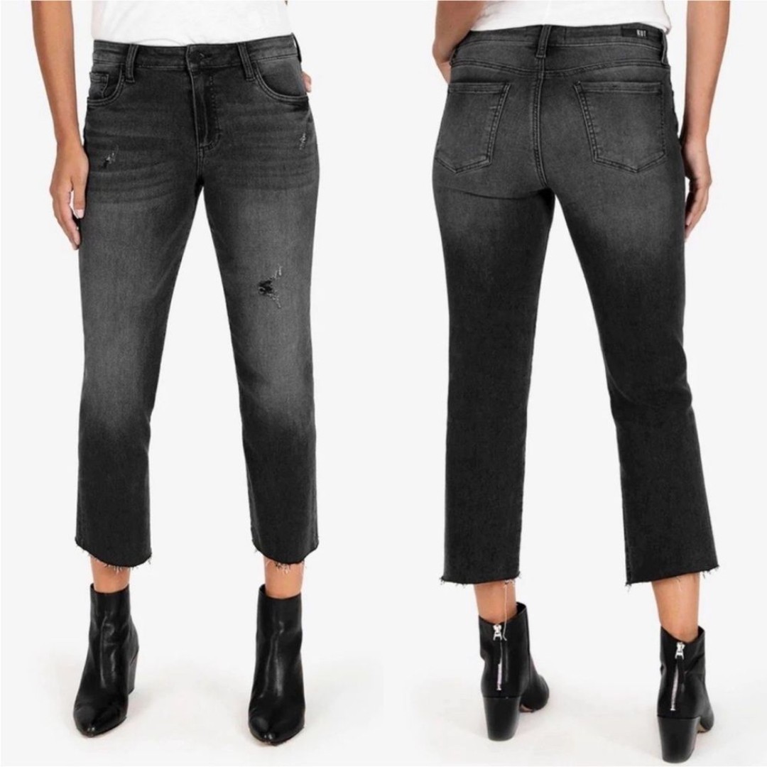 KUT from the Kloth Kelsey High Rise Ankle Flare Jeans Black Wash Stretch Size 6