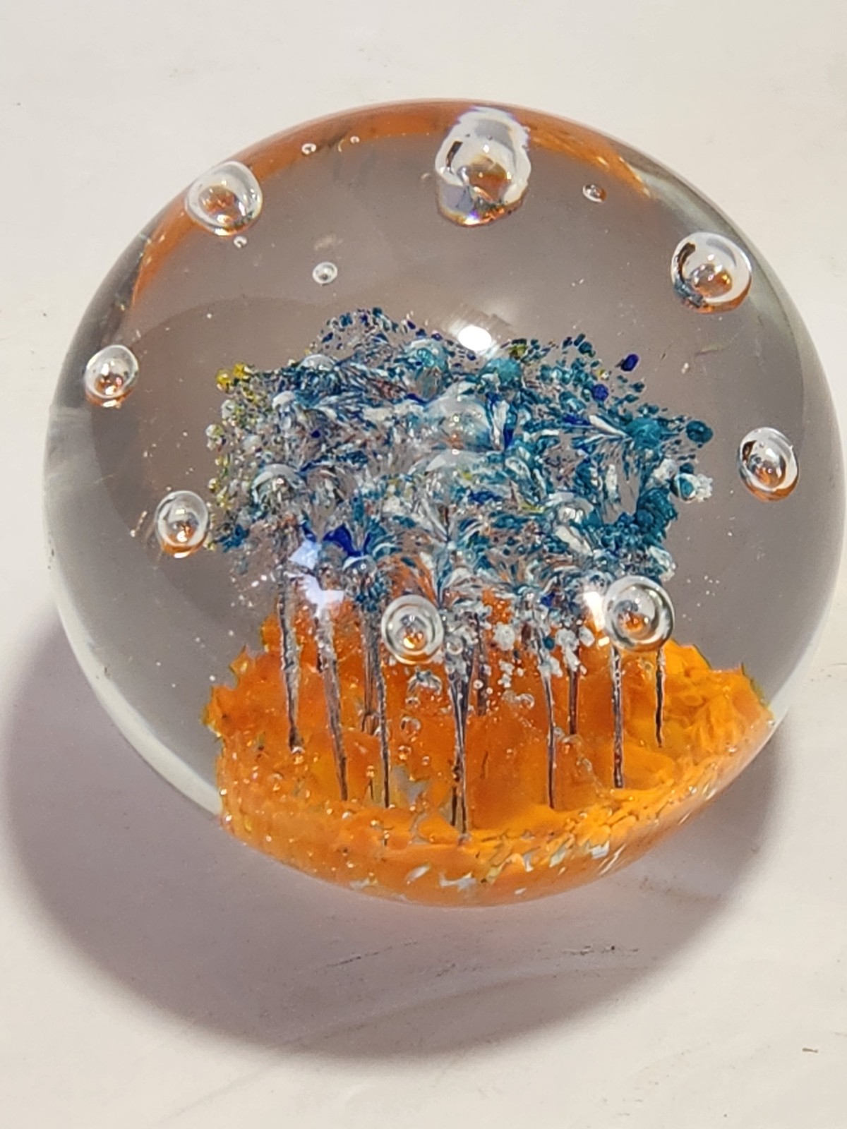 Beautiful blue/orange drip art Glass Paperweight