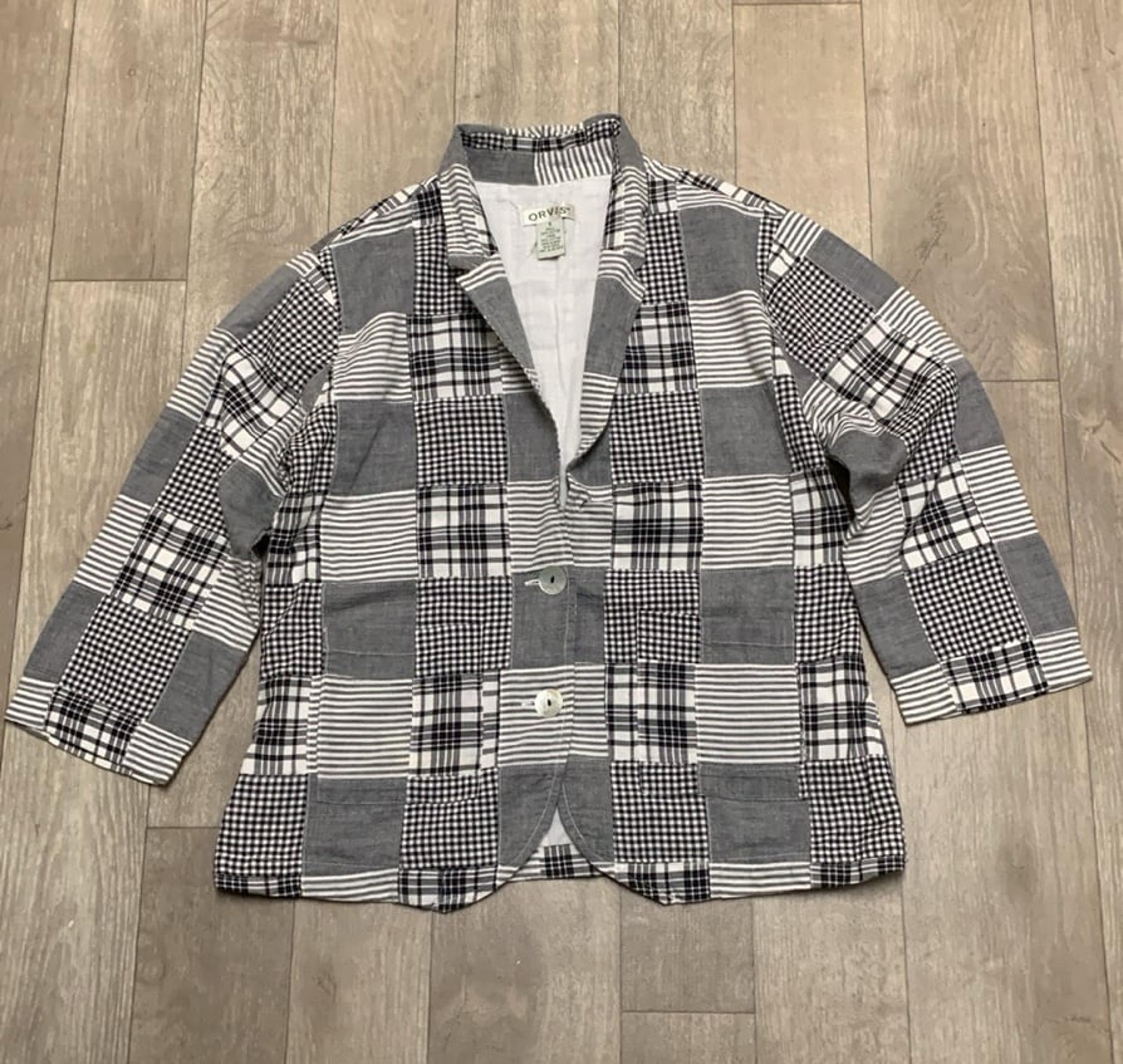Womens Orvis Patchwork 2 Button Pocket 3/4 Sleeve Lightweight Blazer Jacket