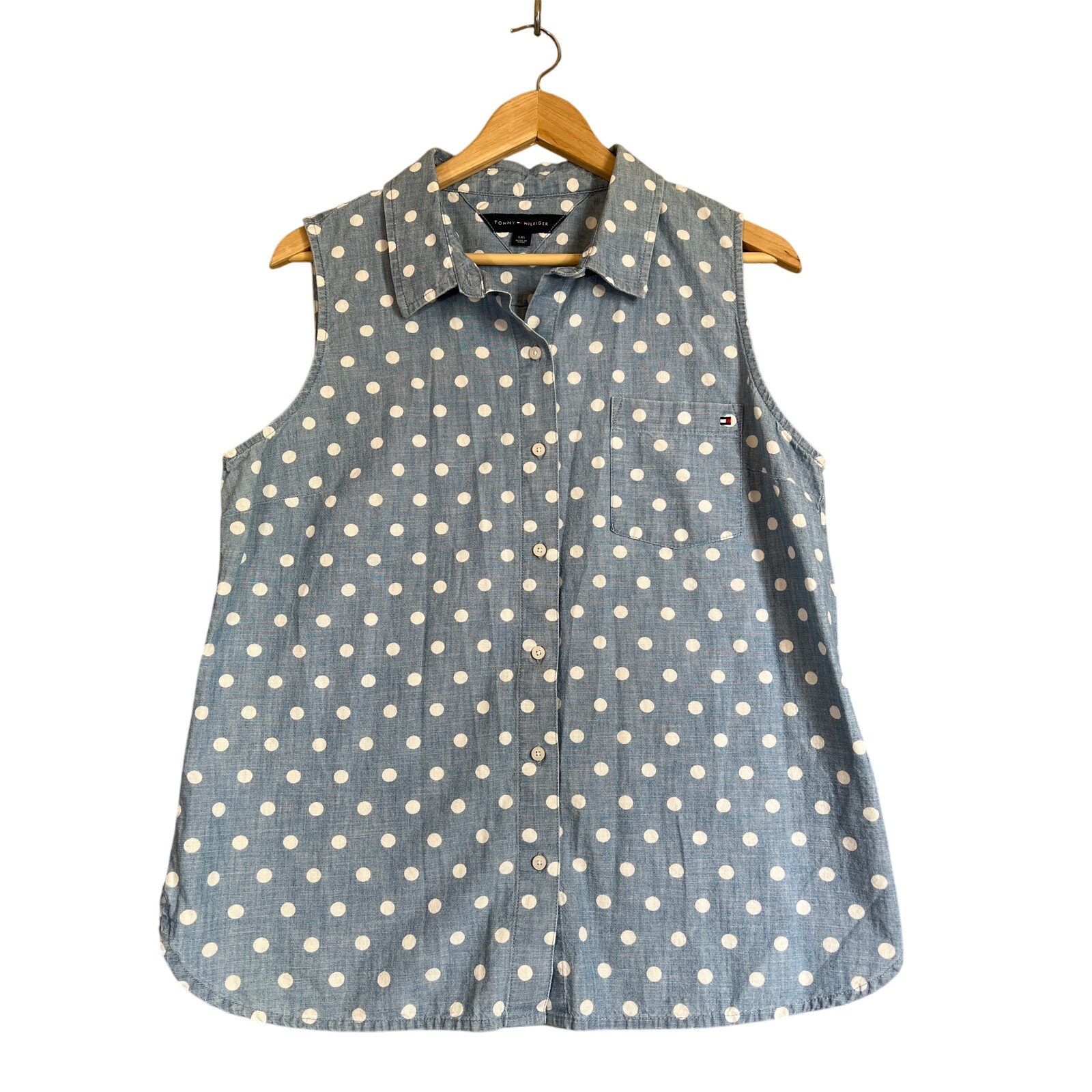 Tommy Hilfiger Shirt Large Chambray Blue Denim Polka Dot Sleeveless Cotton NEW