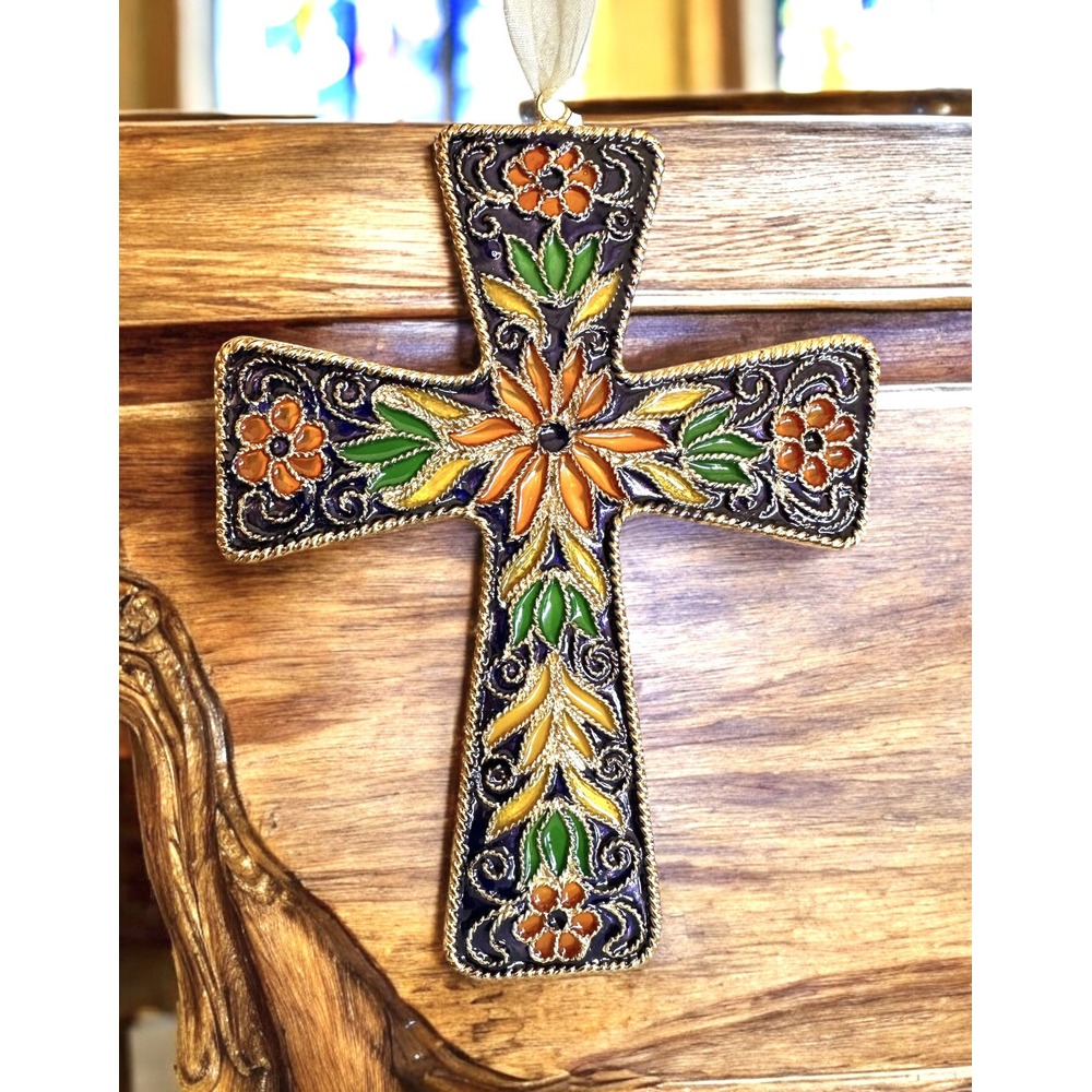 VTG Cloisonne Cross A French Name Collectible Ornament Sun Catcher Colored Glass
