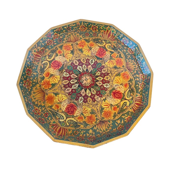 Large Vintage Elaborate Hand-Painted Persian Wooden Wall Plaque Or Tray Decorati