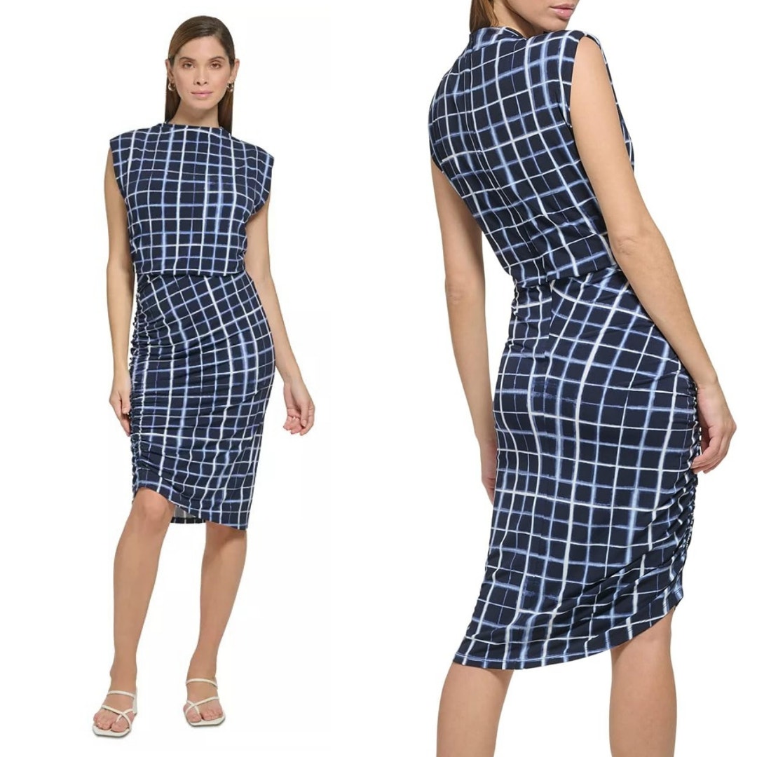 CALVIN KLEIN -NWT- Shoulder Pad Ruched Midi Dress Twilight Blue | Large