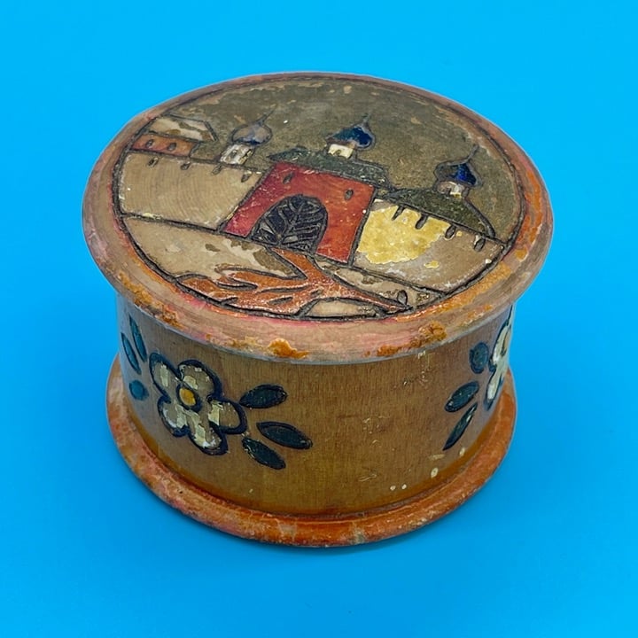 Vintage Round Wooden Folk Art Trinket Box Painted Village Flowers Made in Russia