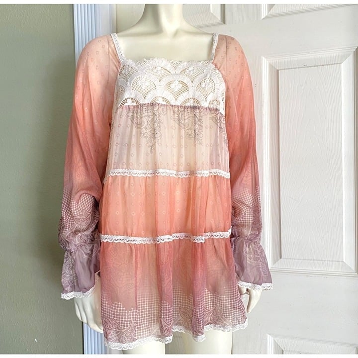 size S 4 Love & Liberty Johnny Was sheer relaxed loose fit tunic boho silk blous