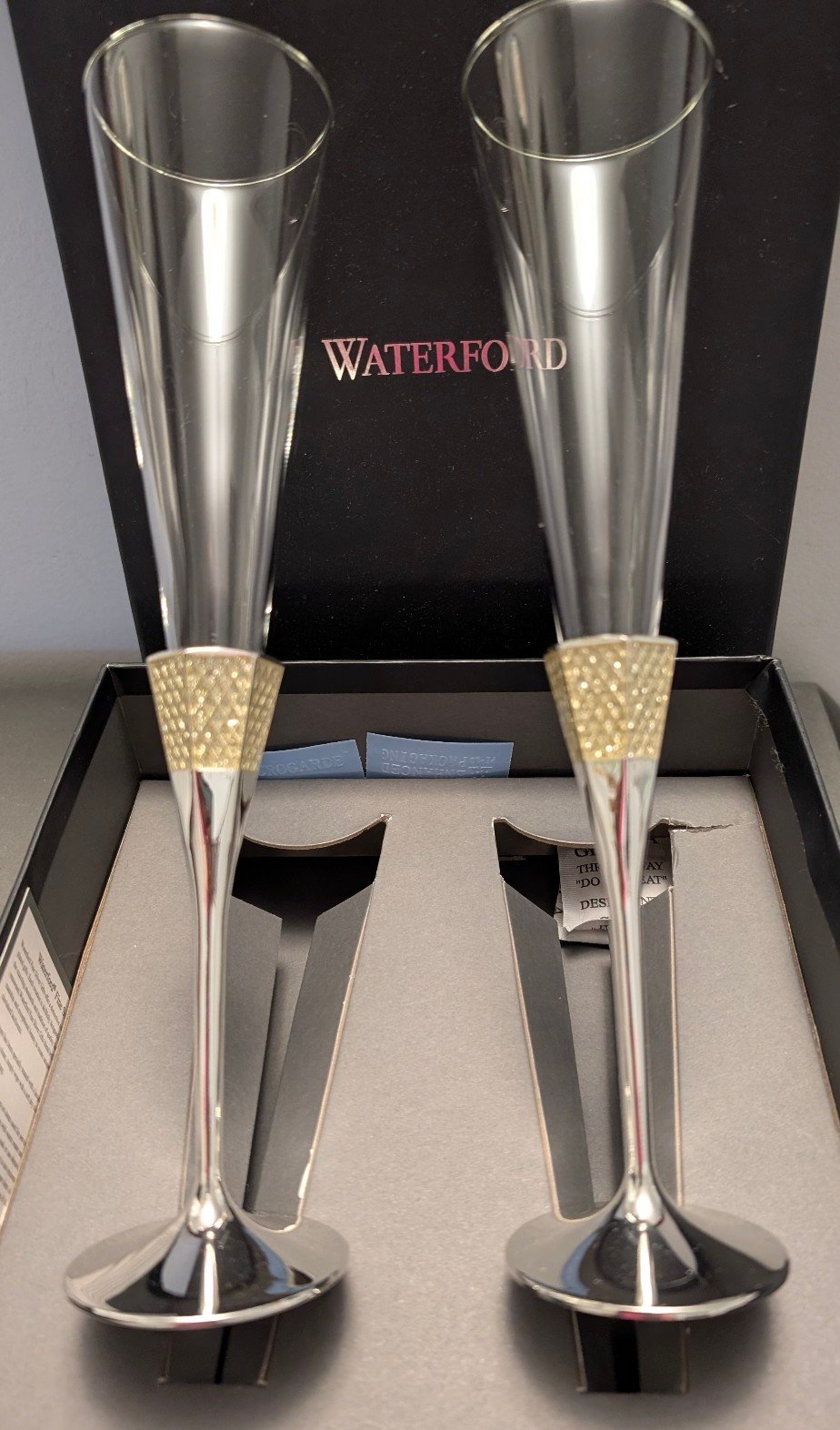 WATERFORD Crystal Lismore Diamond Silver Toasting Flutes EUC Wedding