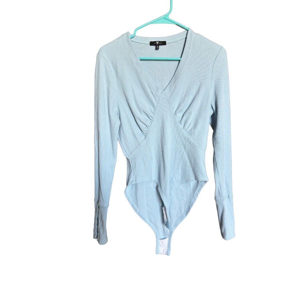 7 for All Mankind Ribbed Light Blue V-Neck Long Sleeve Cotton Bodysuit Size M