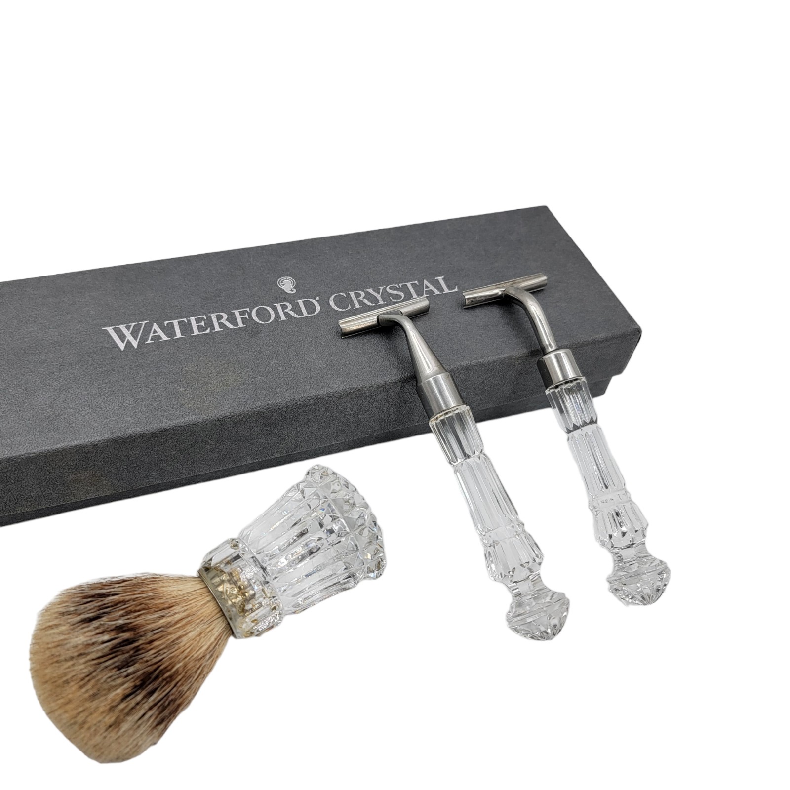 VINTAGE Waterford Crystal shaving set 3 Piece 2 Razors and Brush,