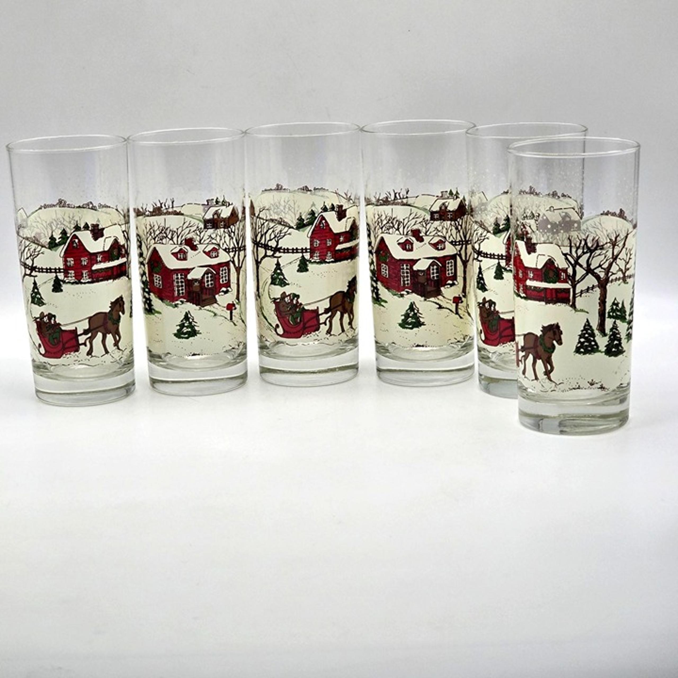 Libbey Winter Village Glass Tumblers Set 6 Barn Horse Sleigh Holiday Currier & I