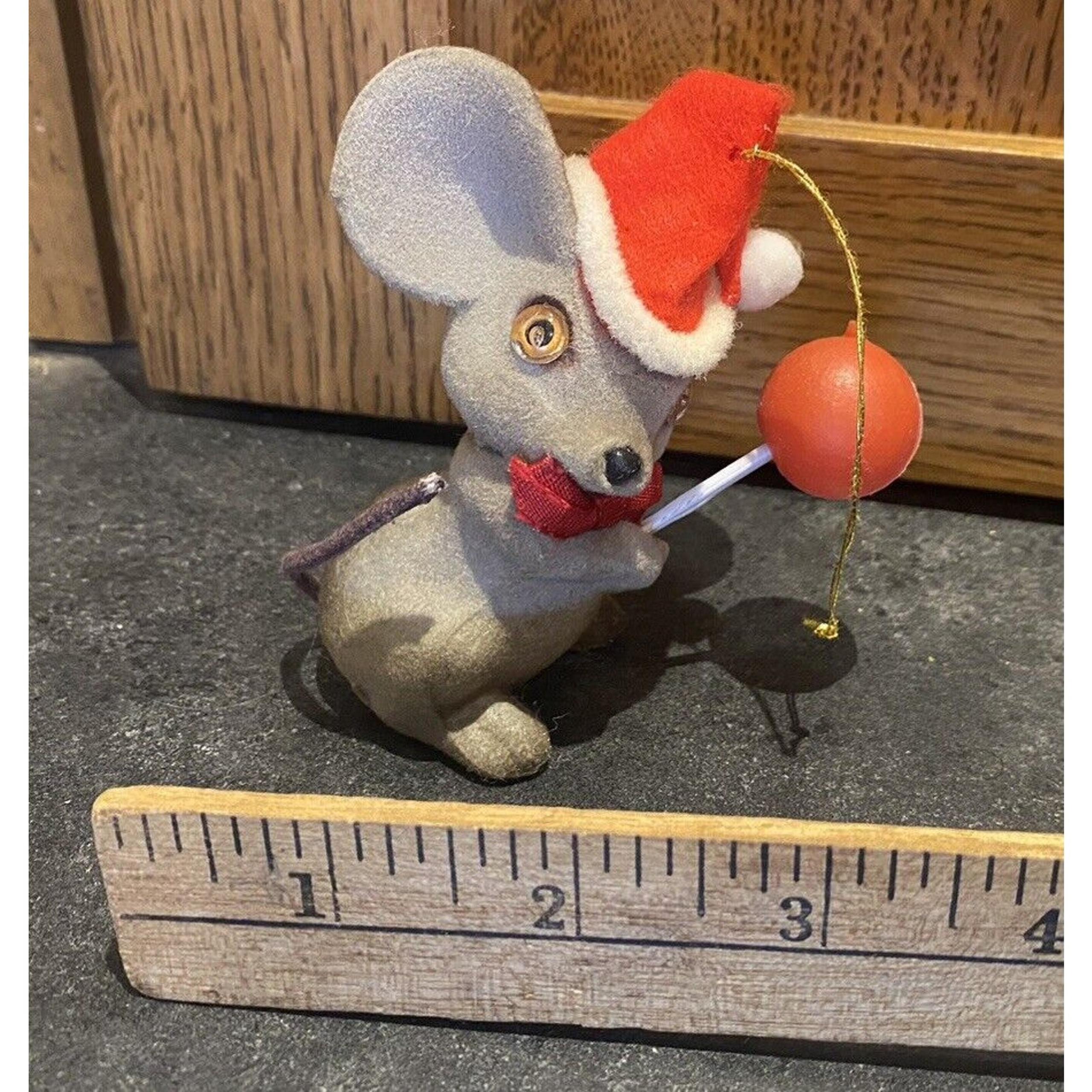 Vintage 1950’s Flocked Mouse Ornament Lollipop Gray