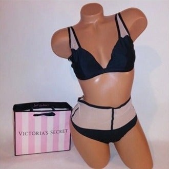 Victoria Secret Bralette Set Medium Bra & Panty Black Beige Sheer Luxe Collectio