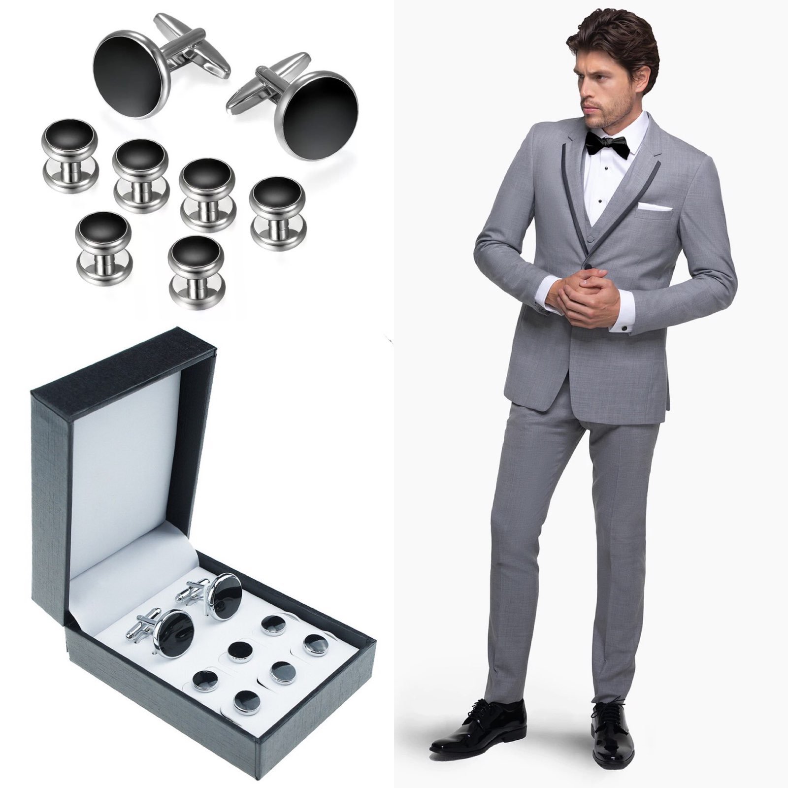 Black Onyx Round Silver Cufflinks Studs Tuxedo Formal 8 Pcs Set