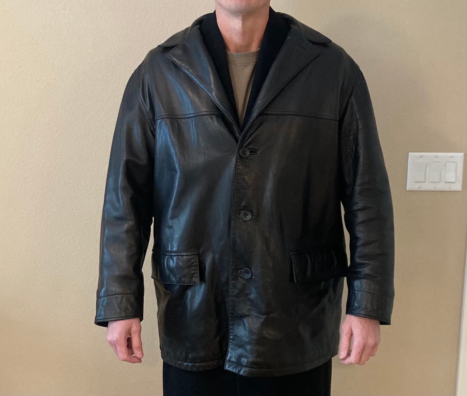 Mens Faconnable Leather Jacket Coat Black Size XL