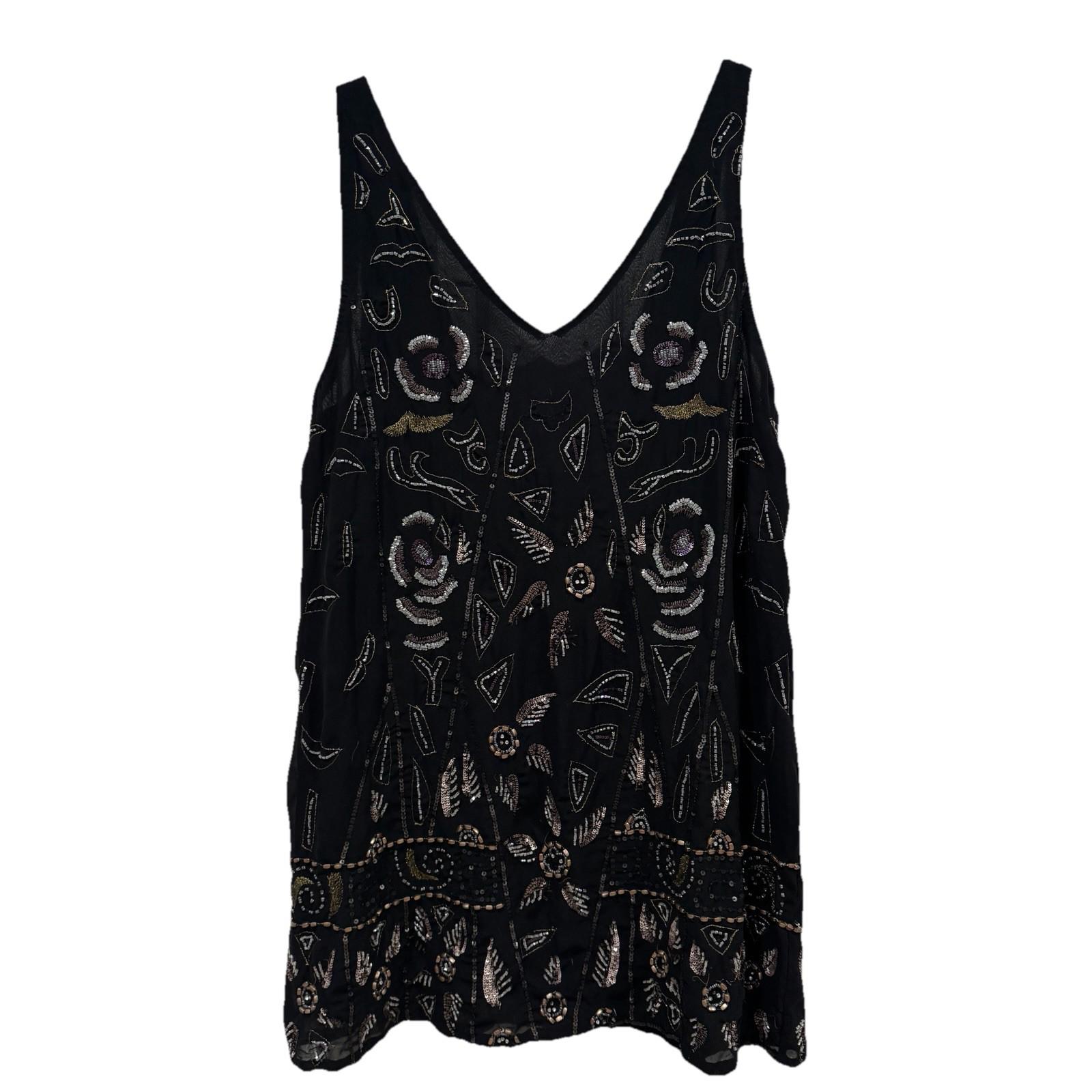 Womens Free People Black Beaded Trapeze Dress Size Small S Open Back Lined