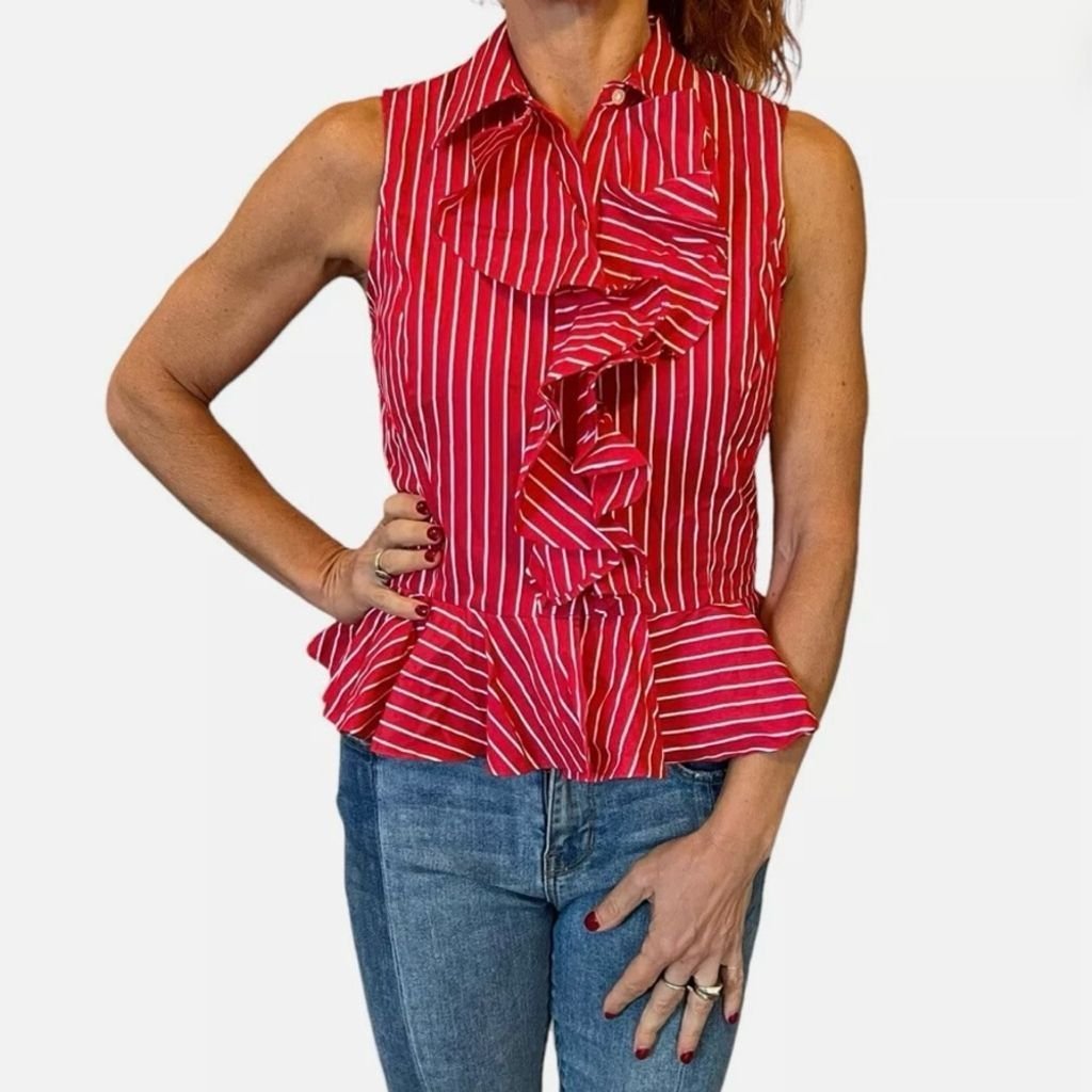 Lauren Ralph Lauren Red White Pin Stripe Sleeveless Ruffle Peplum Blouse Size 14