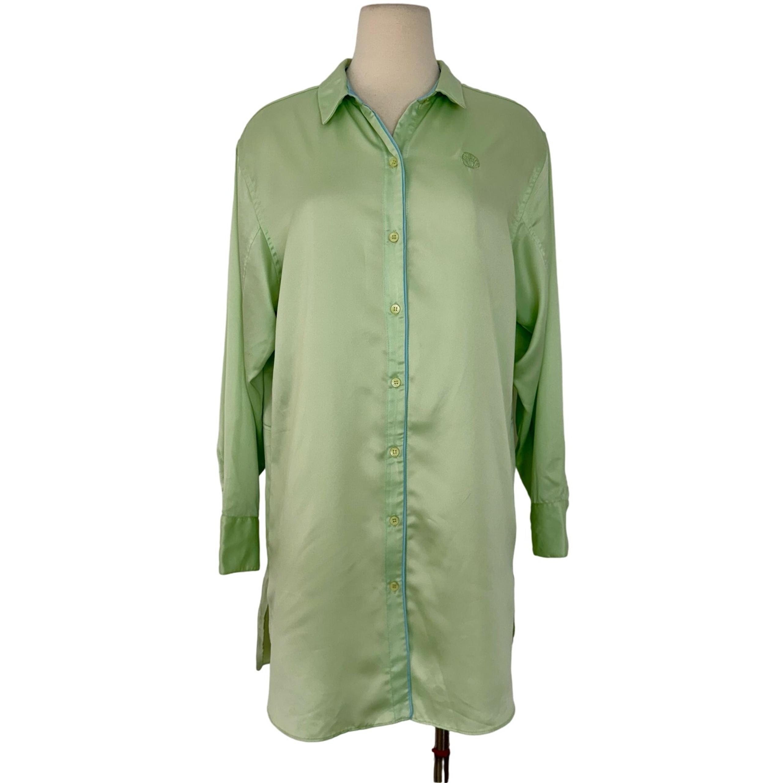 Natori Satin Button-Down Sleep Shirt Long Sleeve Green Sleepwear Dress | Medium