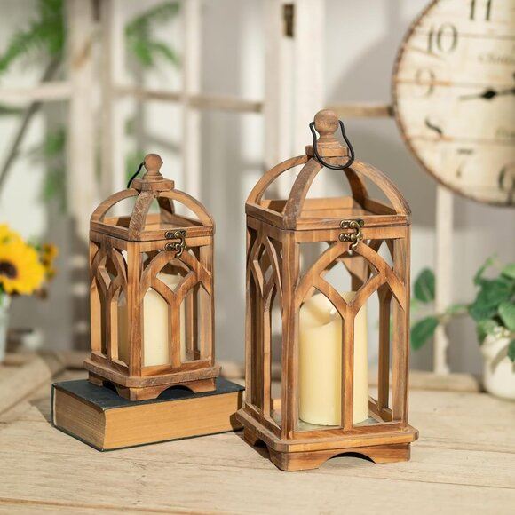 New Set of 2 Decorative Wooden Hanging Holder Candle Lanterns for Home Decor