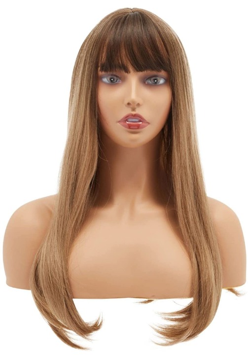 Brown to Blonde Ombre Wig, Long Straight Hair with Bangs (20 In)