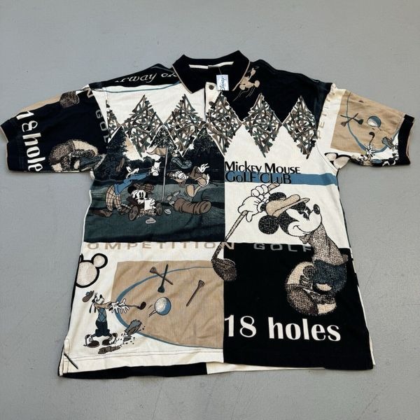 NWT VTG Disney Store Polo Shirt Adult L Mickey Mouse Golf All Over Print 90s AOP