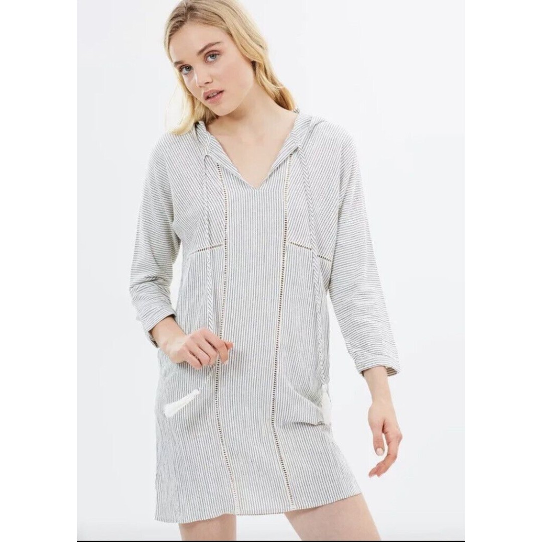 Solito Striped Beige and Black Swim Cover Up Dress XS Hooded Tunic Embroidery