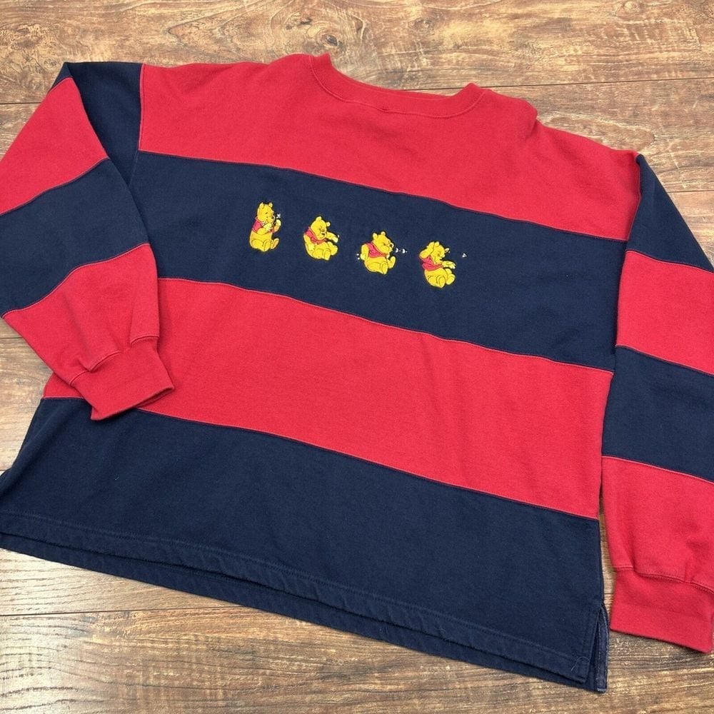 Disney Winnie the Pooh Vintage Sweatshirt Women's 2XL Red Blue Striped Crewneck