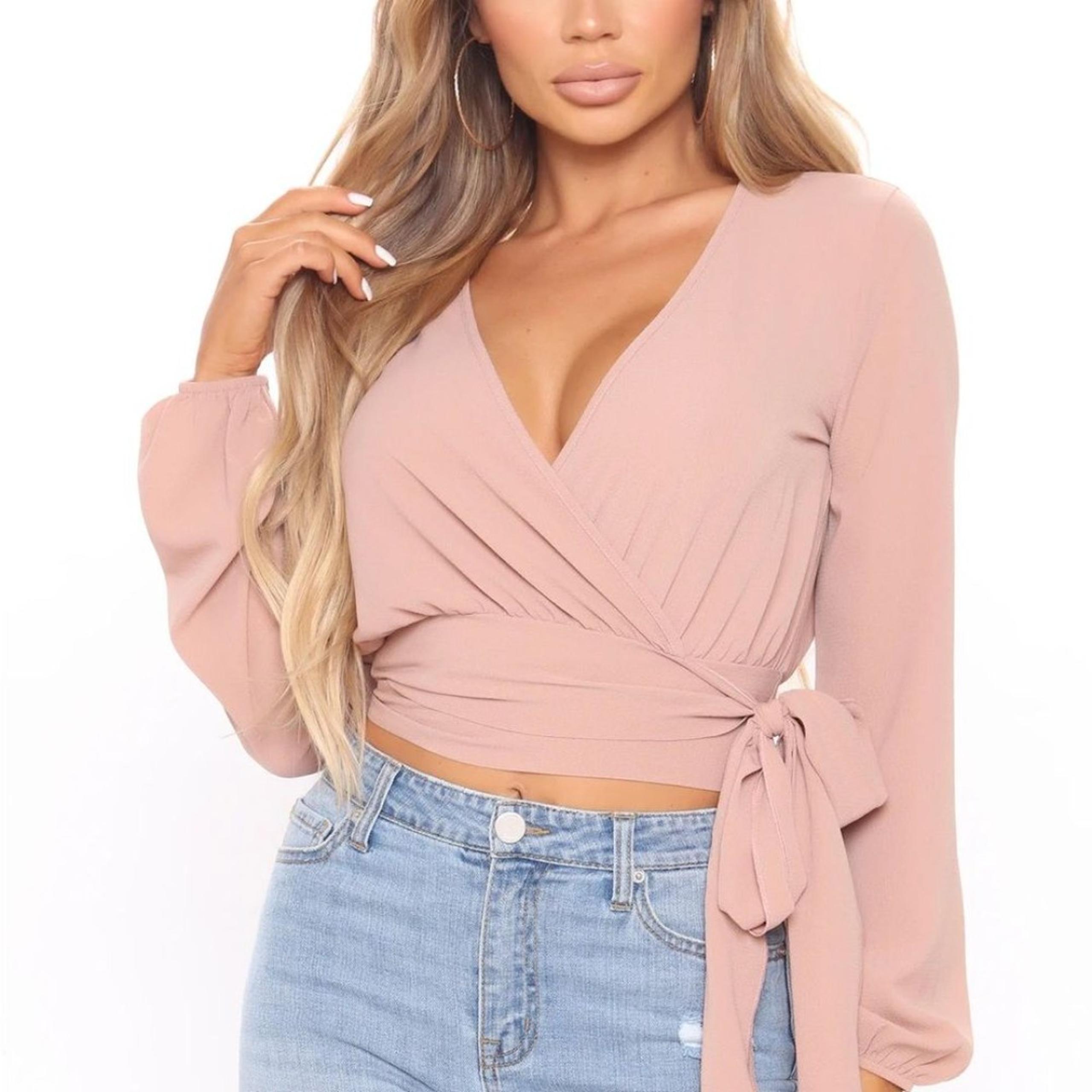 Fashion Nova Pink Faux Wrap Crop Long Sleeve Top