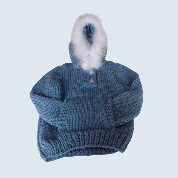 Hand knitted Hoodie & mittens with fur trim