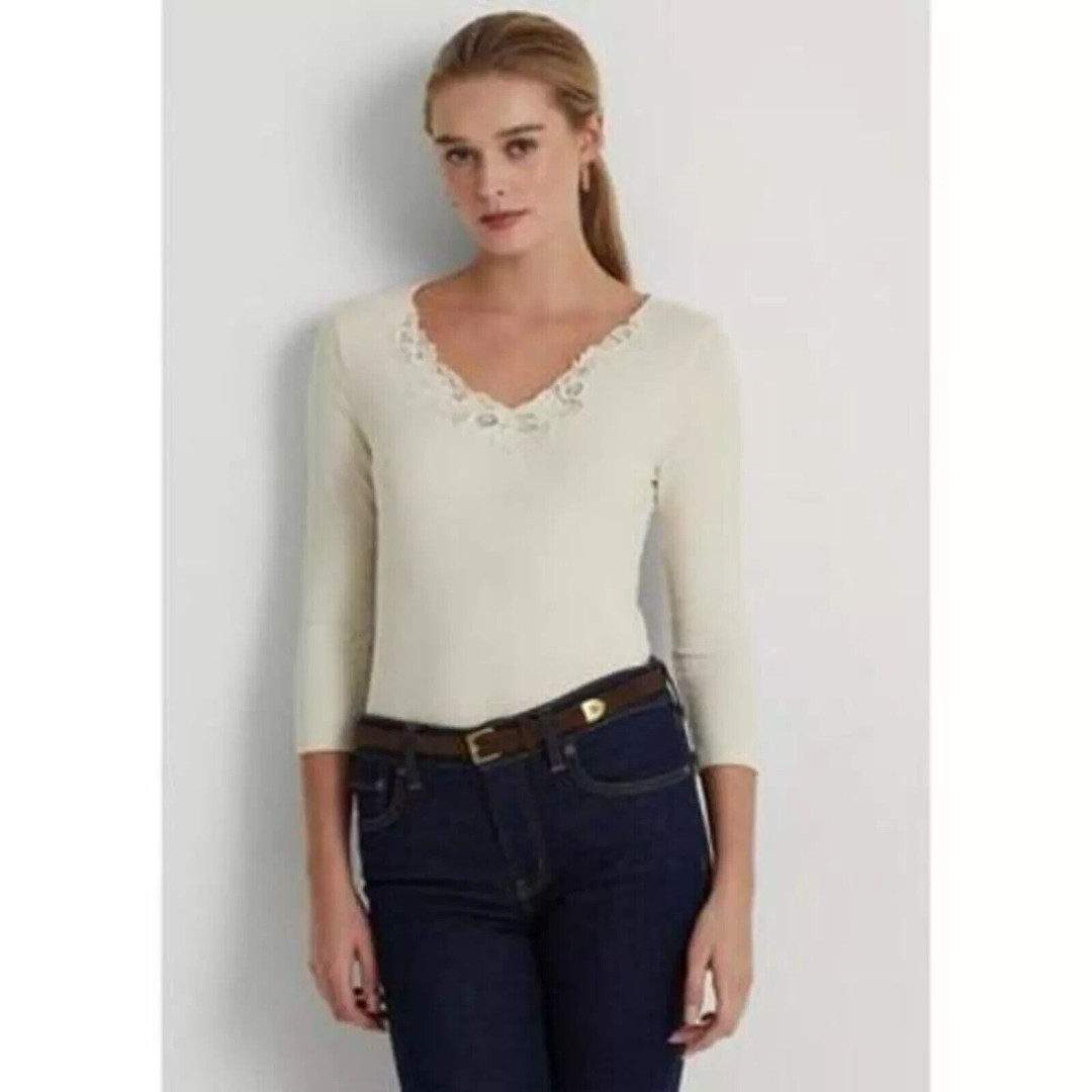 Lauren Ralph Lauren Women's Lace-Trim Stretch Cotton Muted Moss Top Cream M