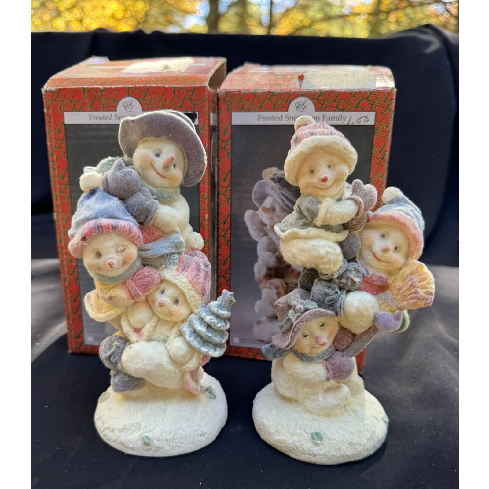 2 Vintage Frosted Snowman Family Flocked Figurine Christmas Figure In Boxes -Ch8