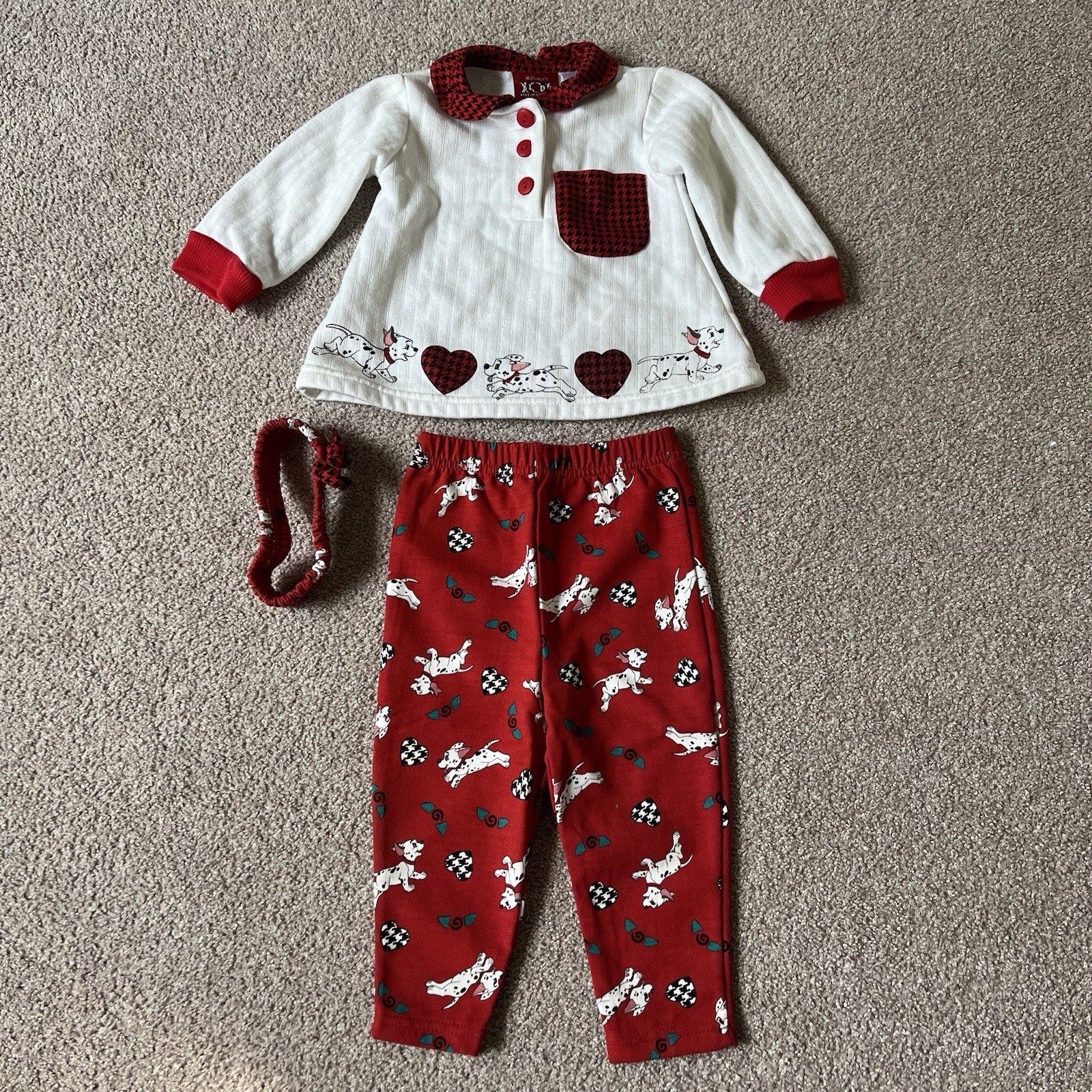 Vintage 90s Disney 101 Dalmatians Outfit 3 Piece Set Red White Heart Toddler 18M