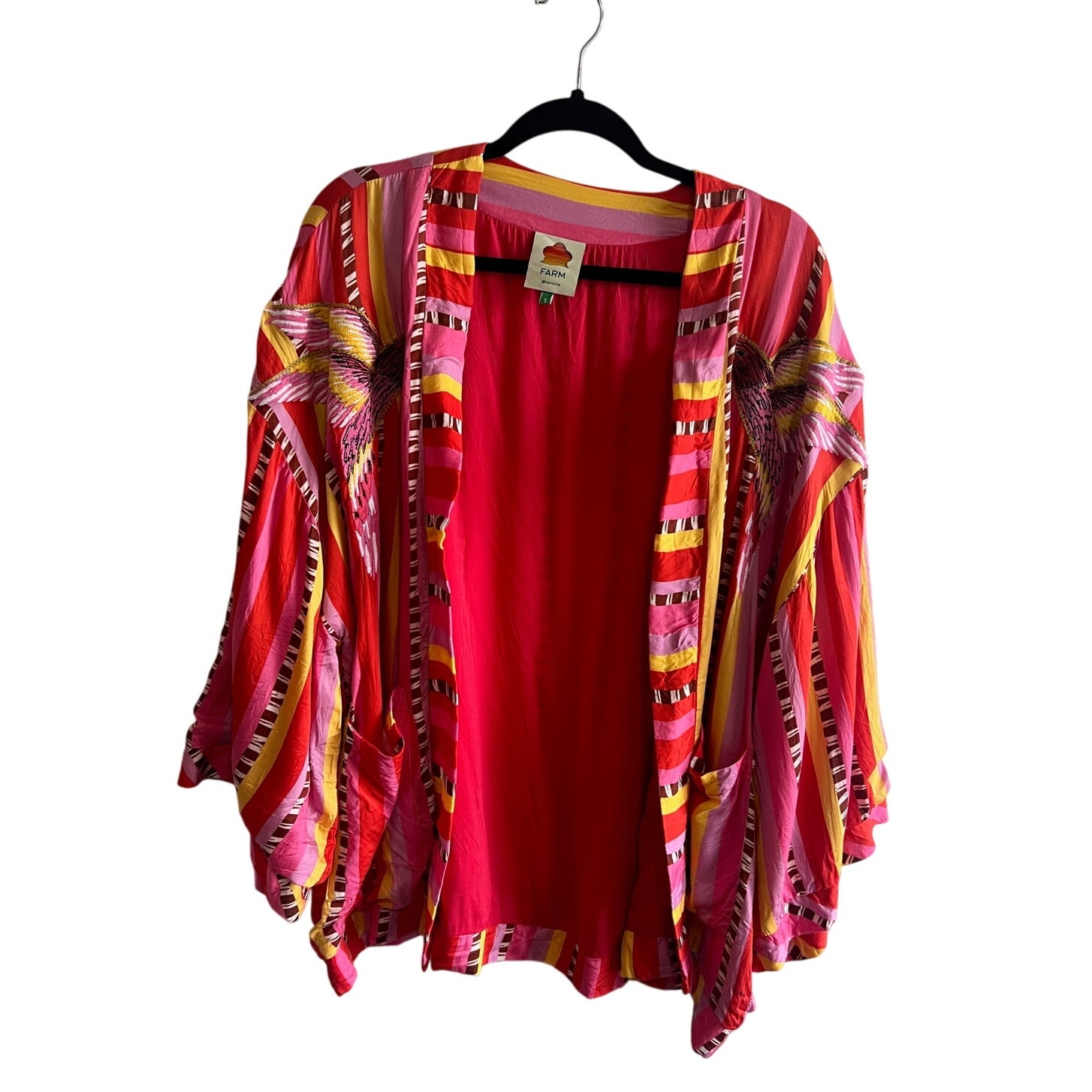 Farm Rio Anthropologie Lucy Stripe Embroidered Kimono Jacket cardigan size S