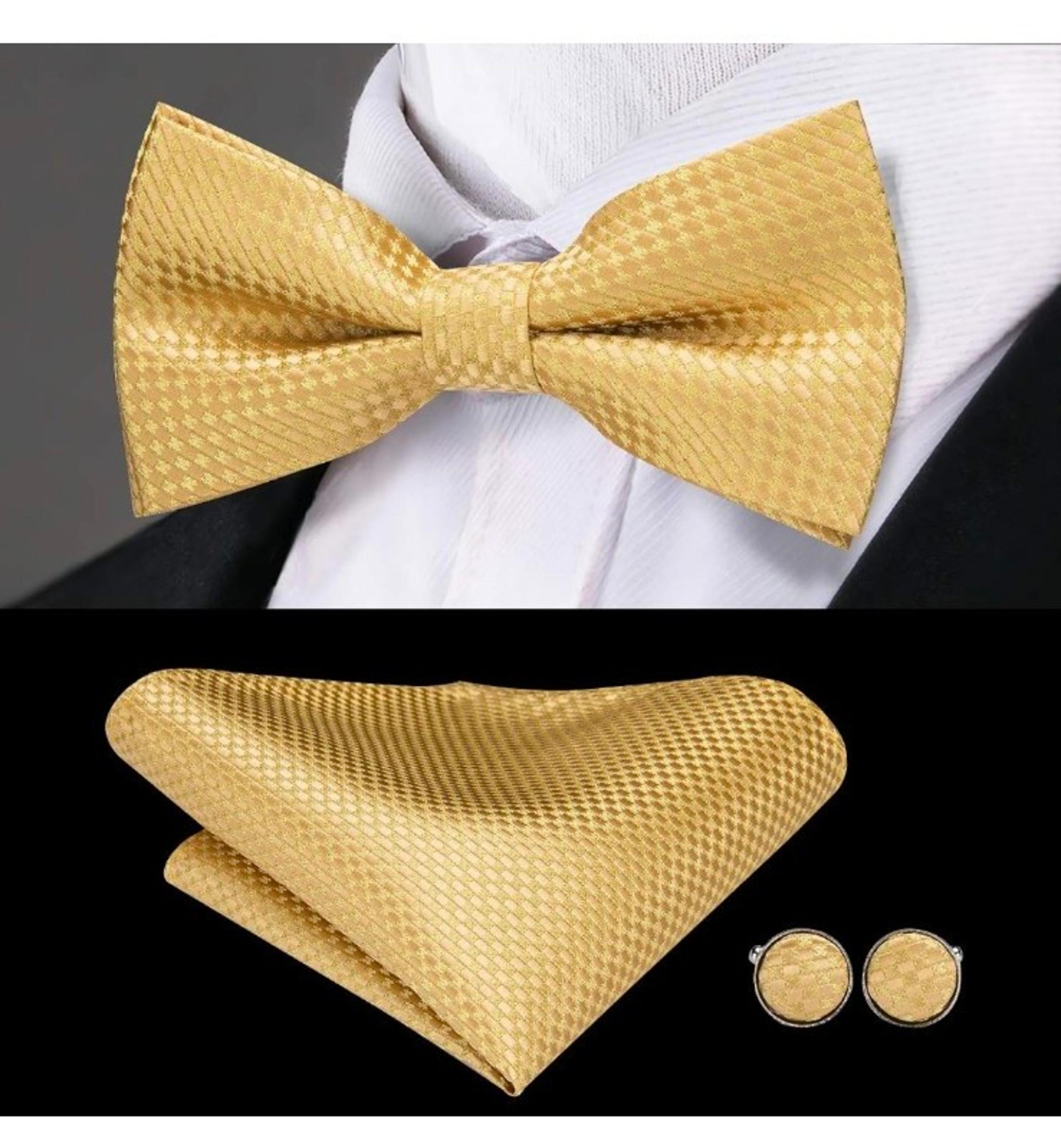 Hi-Tie Gold Pre-Tied Bow Tie Set Pocket Square and Cufflinks Wedding Bow Tie