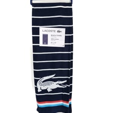NWT LACOSTE CROC LOGO BEACH TOWEL Navy Striped 100% COTTON 36” x 72”