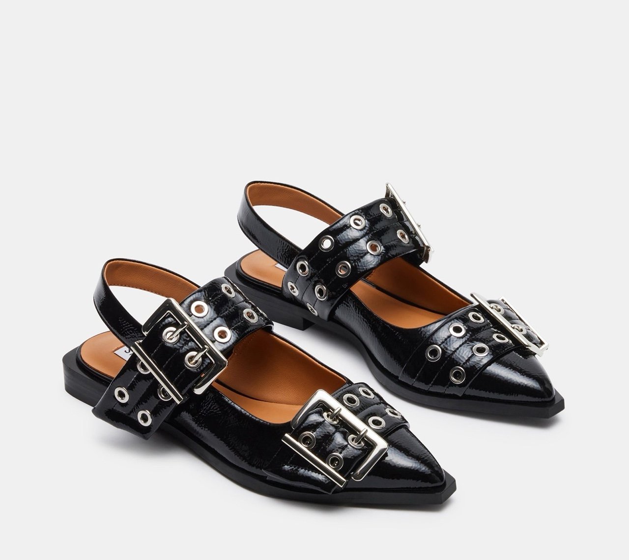 steve madden graya black patent buckle pointed sling back ballet flats