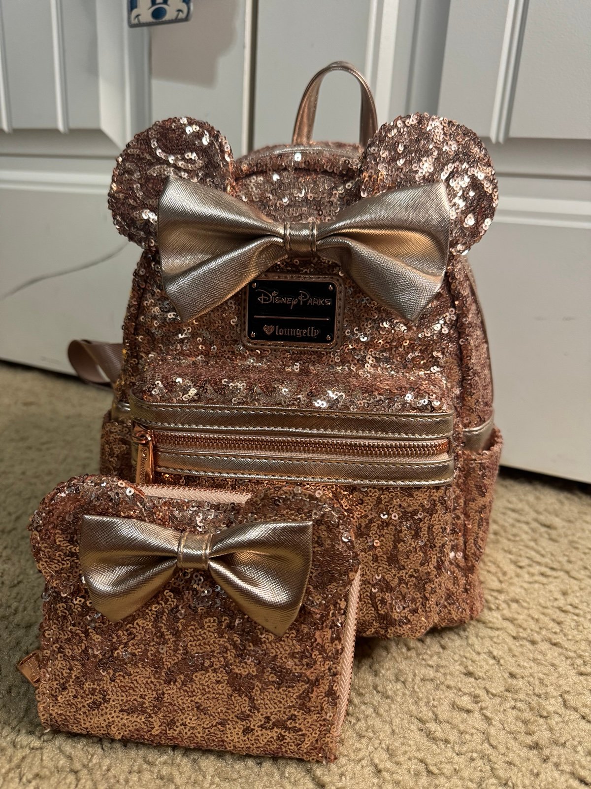 Disney Parks Heart Logo Rose Gold Sequin Loungefly mini backpack and wallet