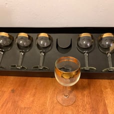 6 RARE Culver 22K Mid Century Stemmed Wine Glasses with a Gold and Aqua Rim