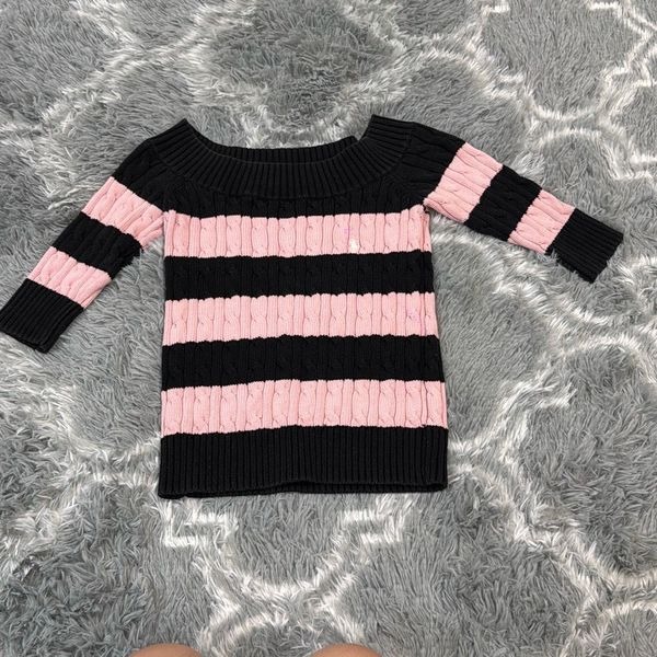 Vintage Ralph lauren girls 100% cotton pink and navy striped cable knit sweater