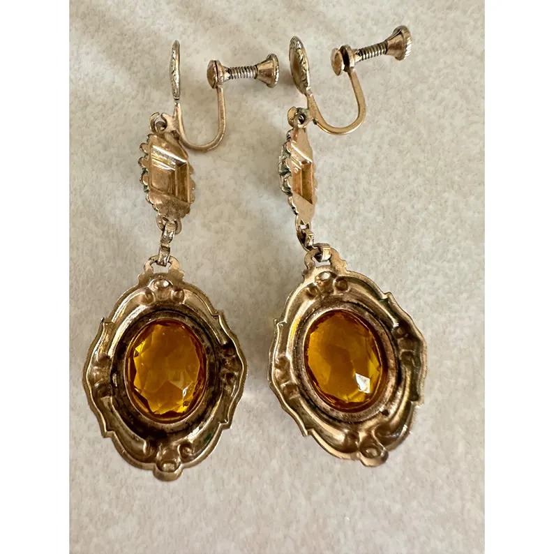 Antique Victorian Etruscan Revival 14kt gold filled faux citrine paste earrings
