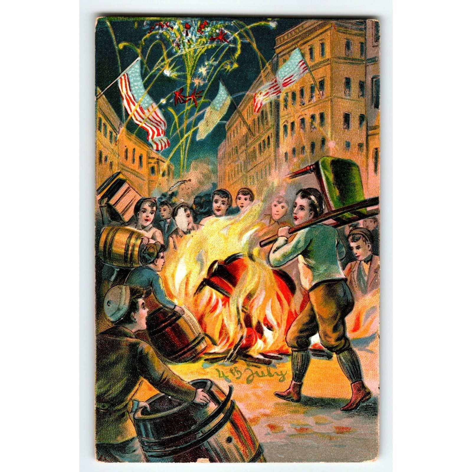 4th Of July Postcard Children Fireworks Celebration Bonfire Germany Series 746