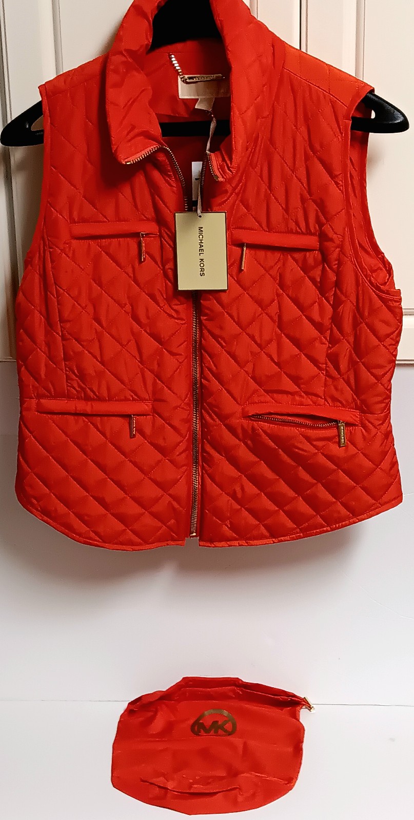 Michael Kors Orange Quilt Style Zip 4 Pocket Vest Sz XL & Packable Bag NEW READ