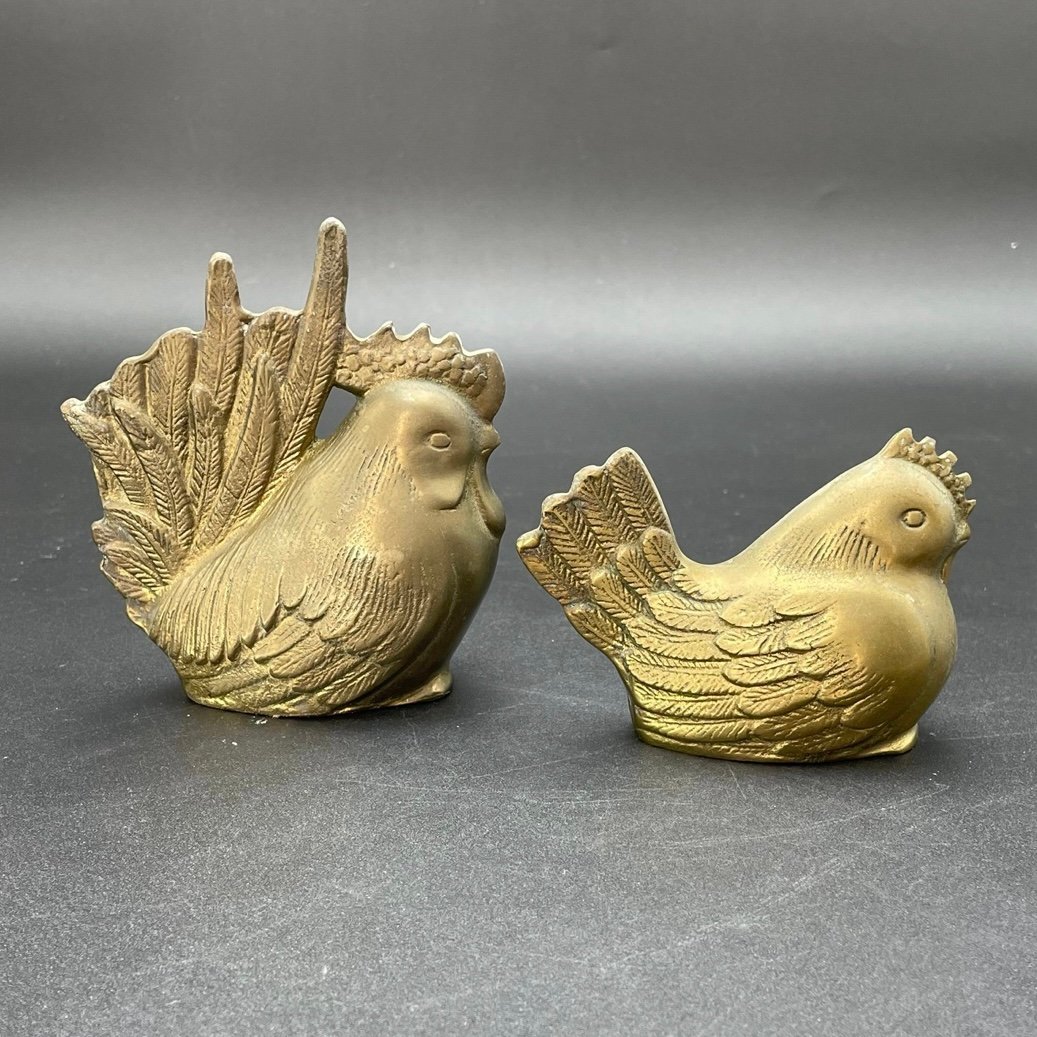 Solid Brass Rooster Hen Chickens Farm Animal Rare MCM Set of 2 Korea Figures