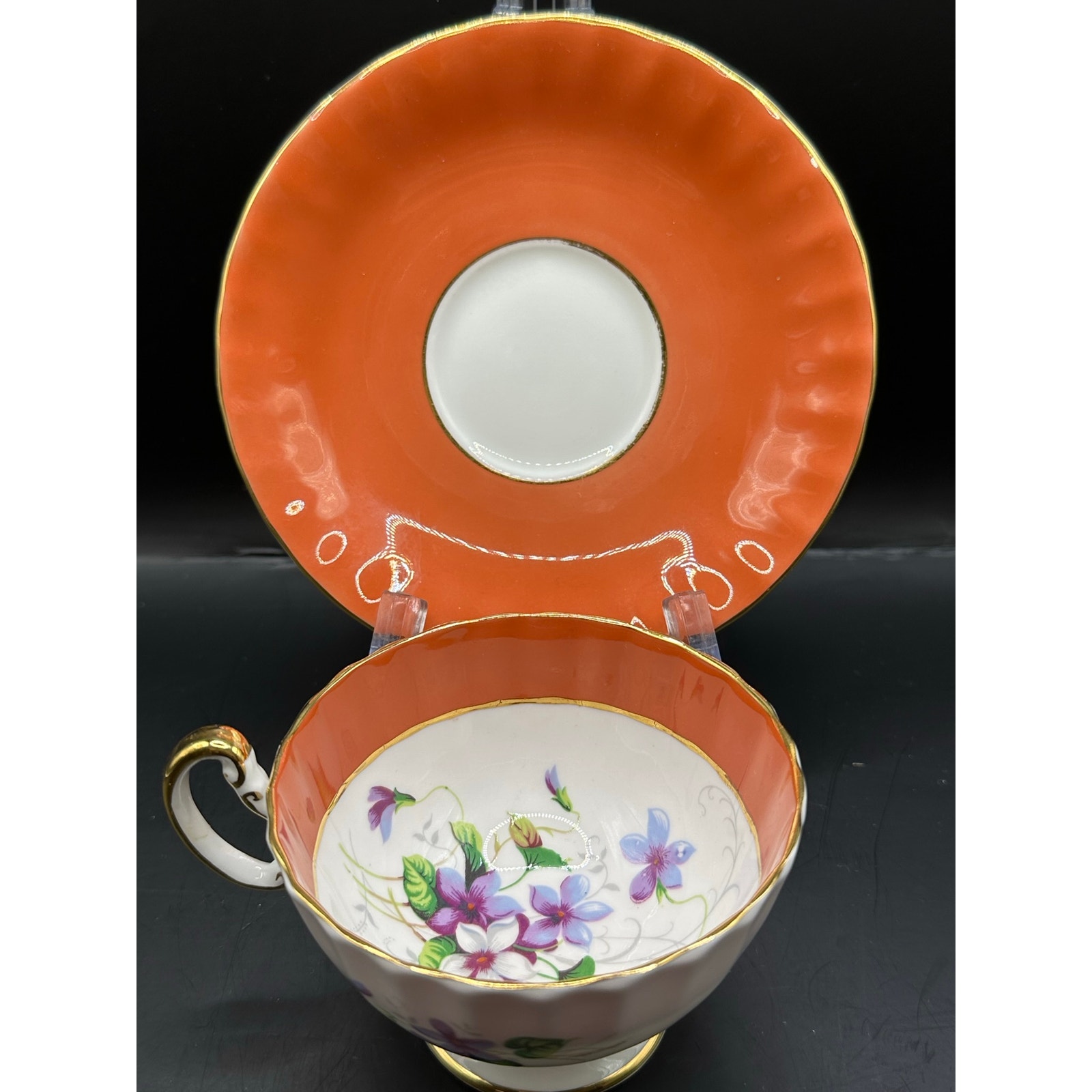 Aynsley Violet Teacup & Saucer Orange Band Floral Center Gold Trim Vintage